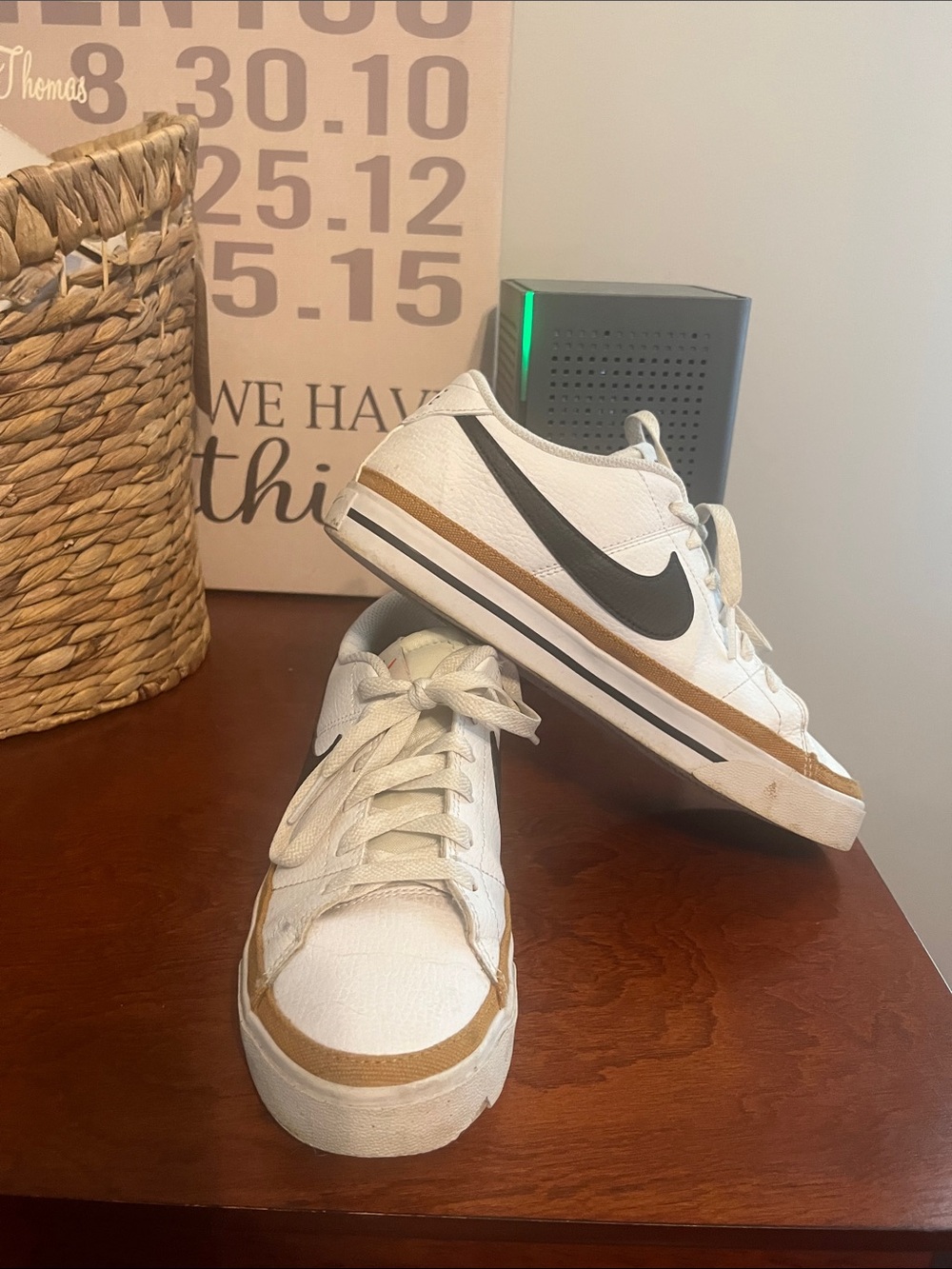 Nike White and Black Low-Top Sneakers with Brown Trim